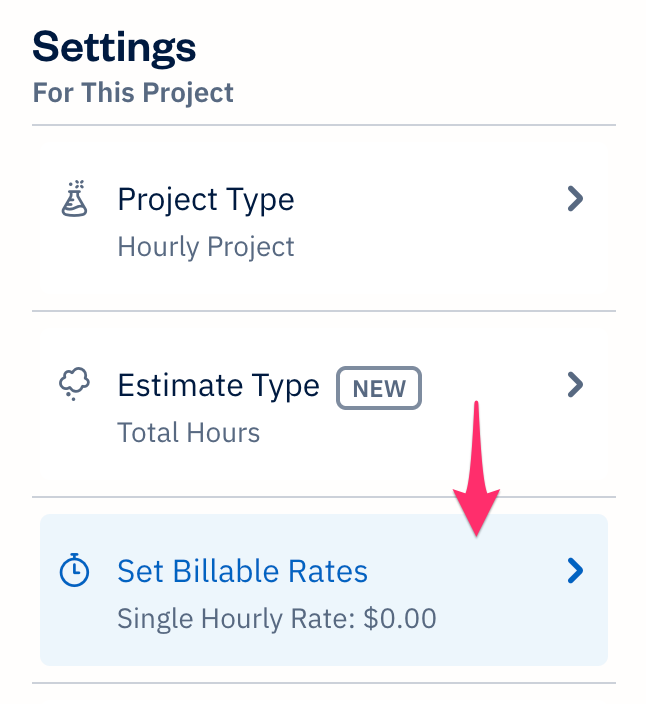 Settings for this project with set billable rates selected.