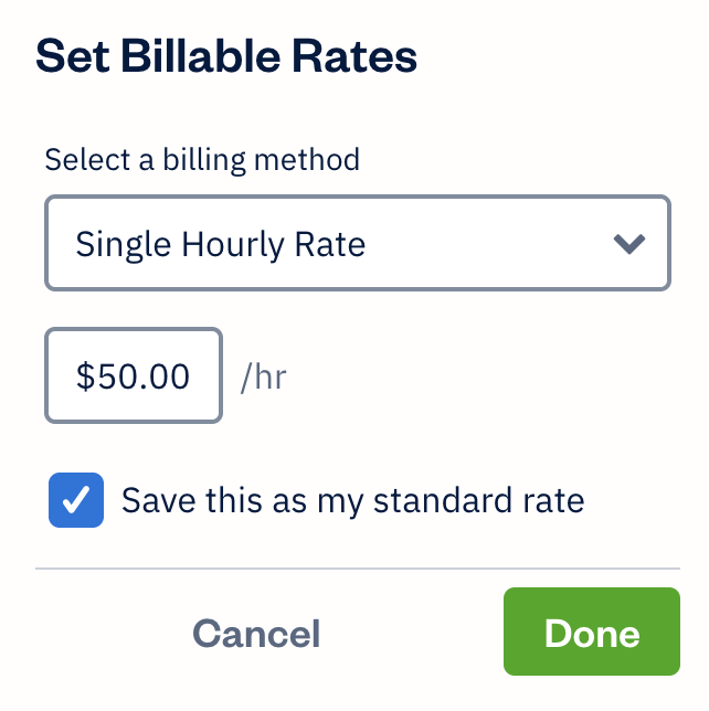 Set billable rates with dropdown set to single hourly rate.
