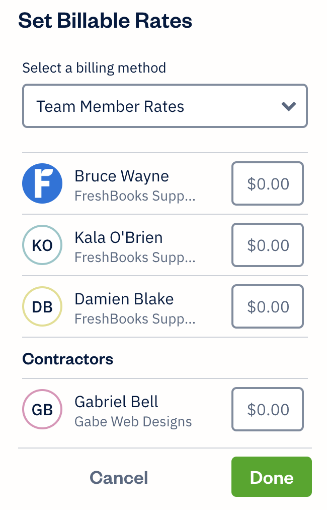 Fields next to each each team member to enter a rate.