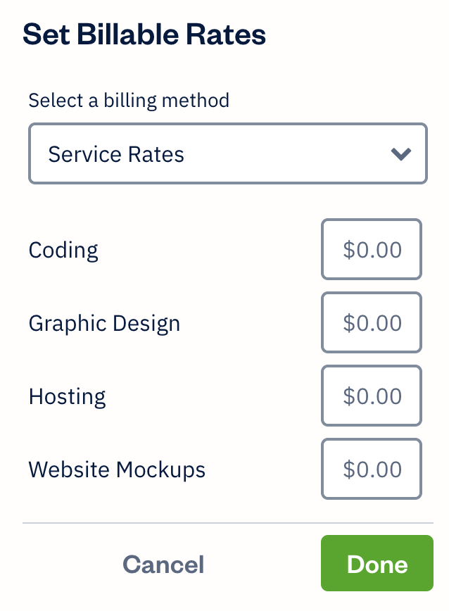 Fields next to each service to enter a rate.