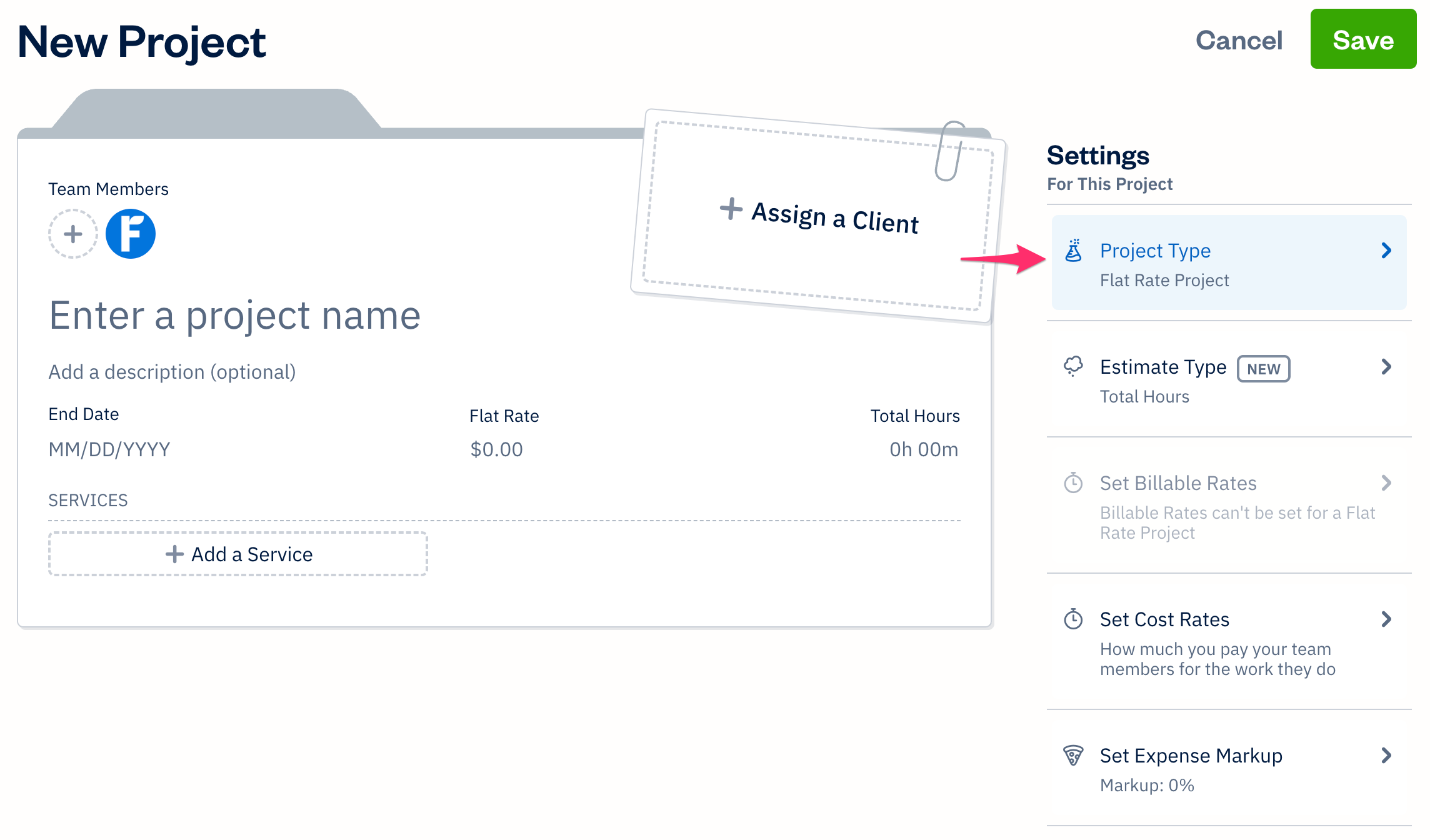 New project with project type set to flat rate.