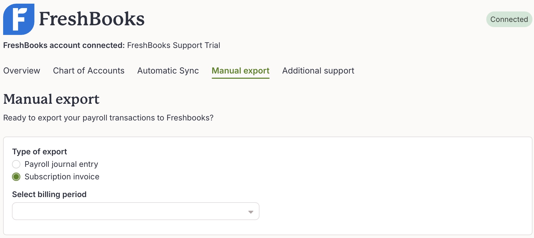 Subscription invoice option selected for manual export page.jpg