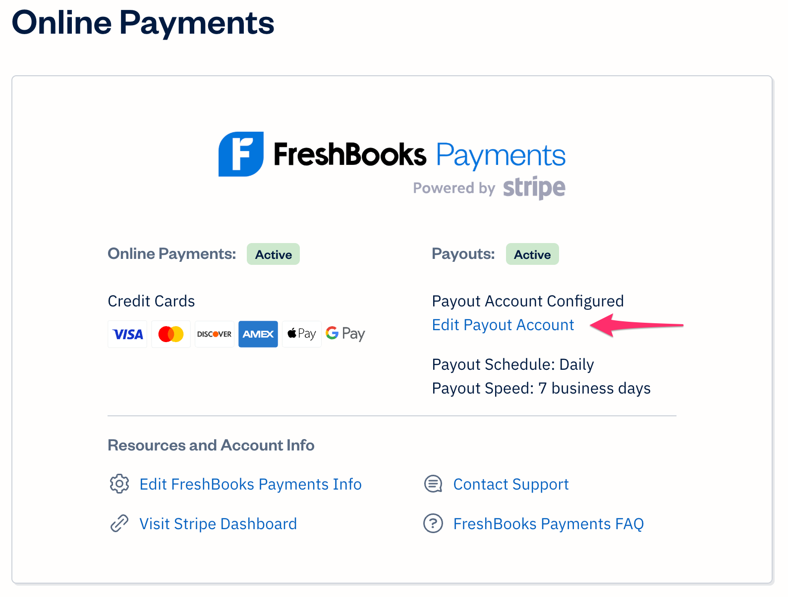 FreshBooks payments account with information and links, including edit payout account link selected.