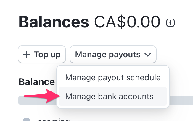 Manage bank accounts option.