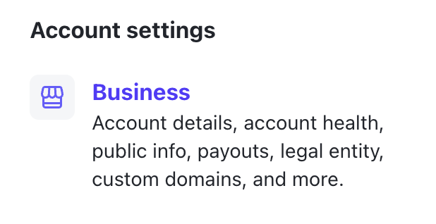 Business settings section under account settings.
