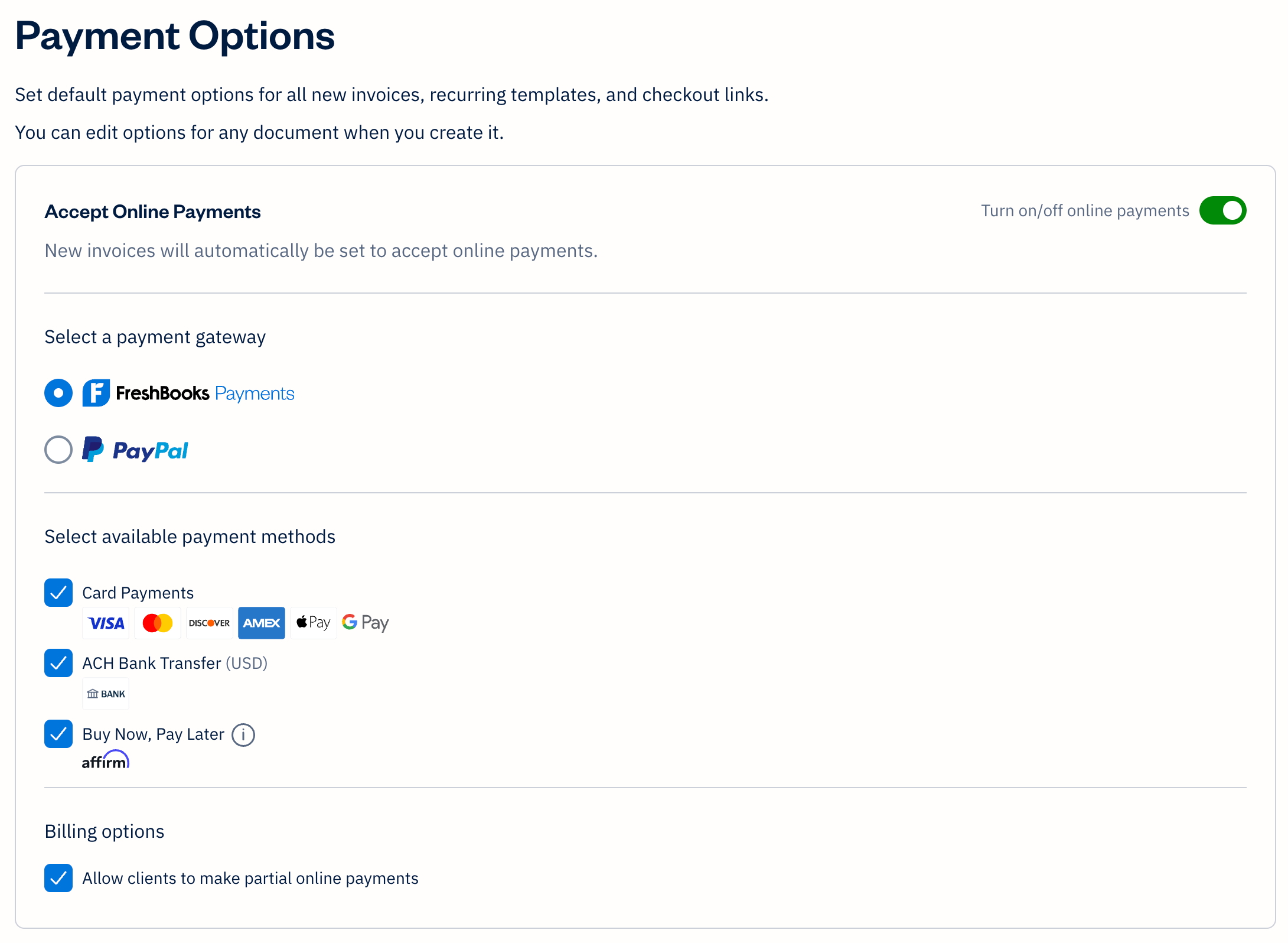 Payment options page with FreshBooks Payments and PayPal as options with checkboxes to check off or uncheck.