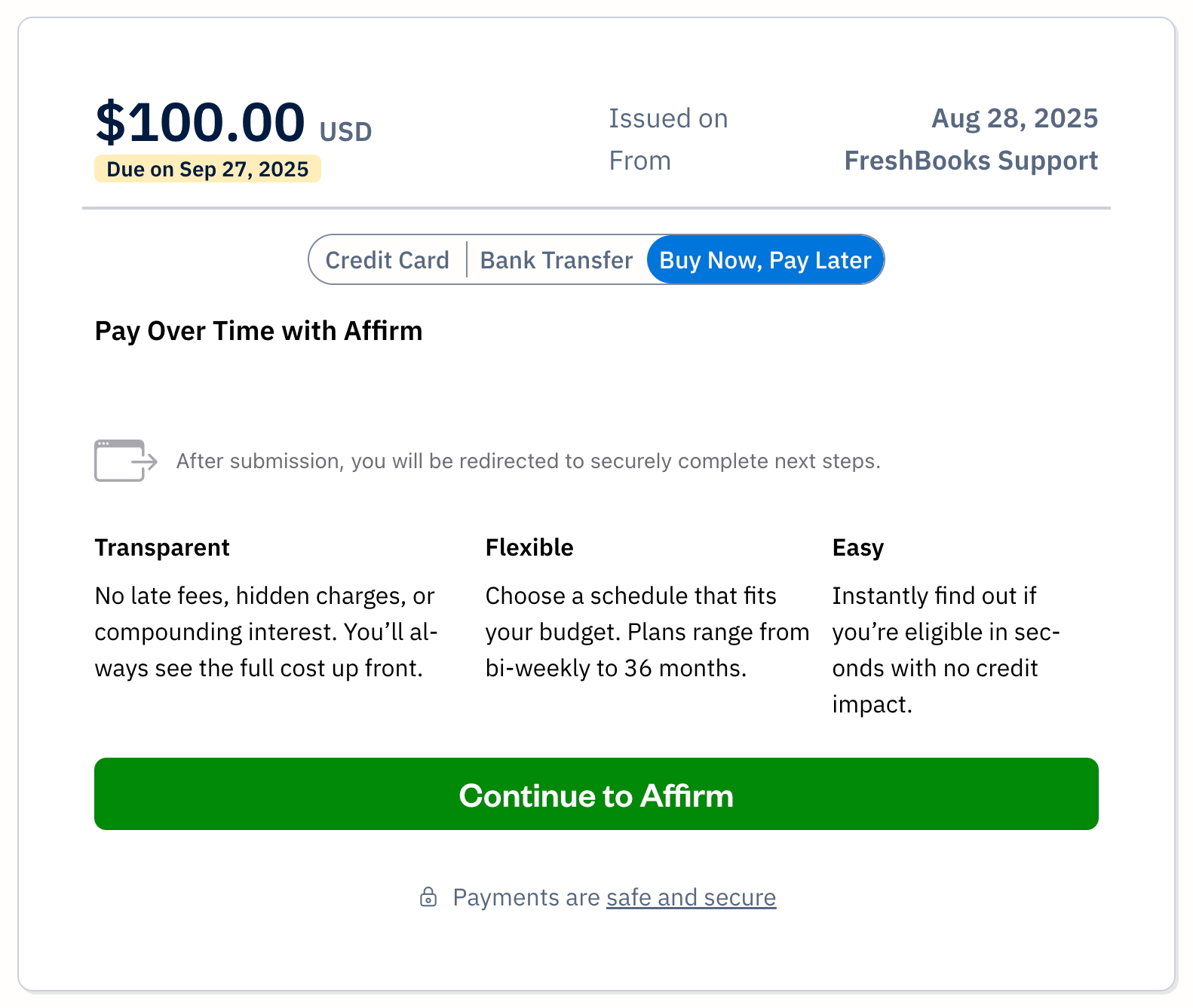 Invoice with buy now, pay later sub-tab selected.