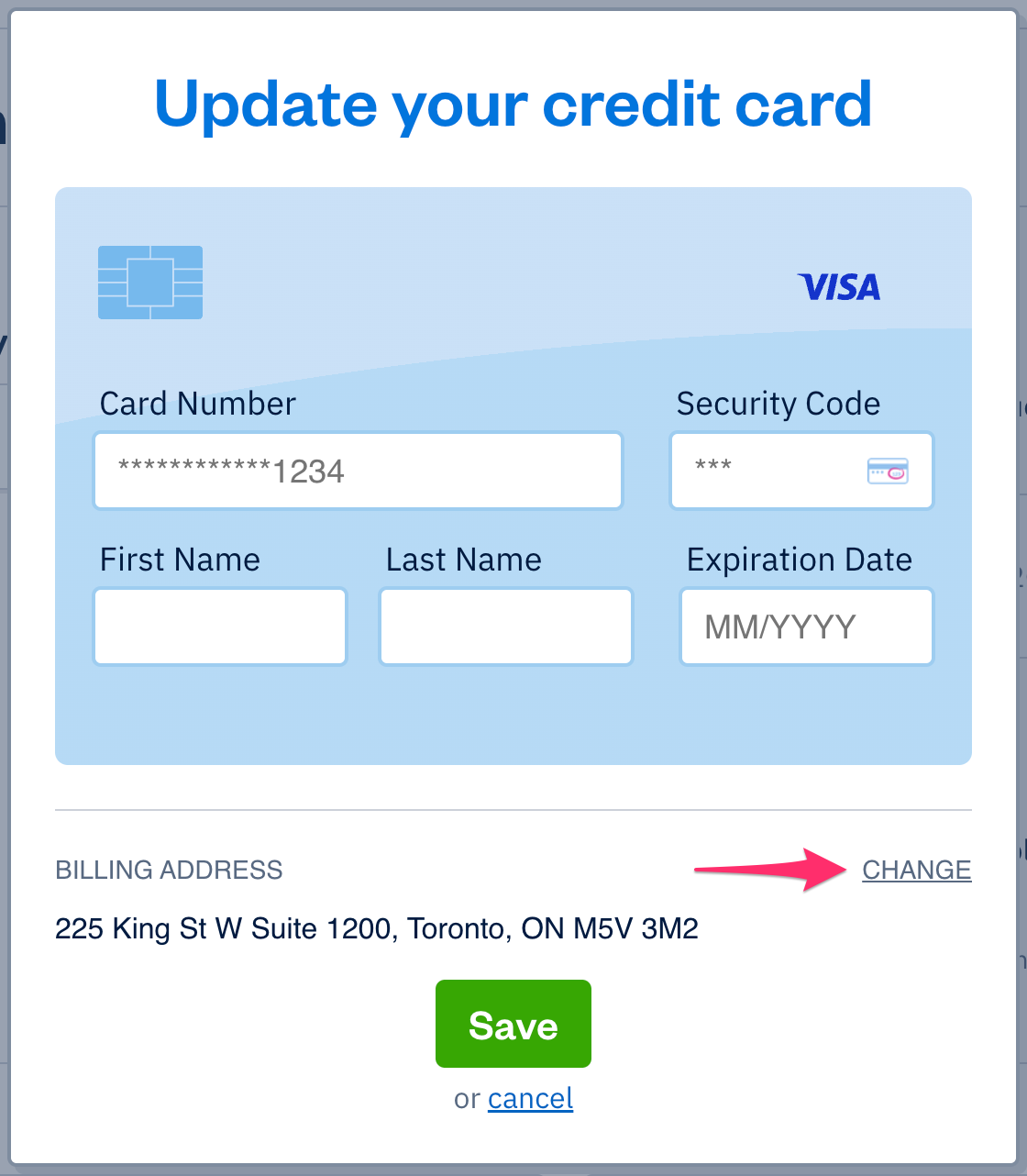 Credit card form with fields to fill out.