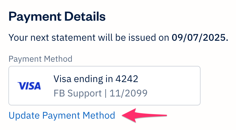 Payment details section with information on the payment method on file for FreshBooks subscription payments.