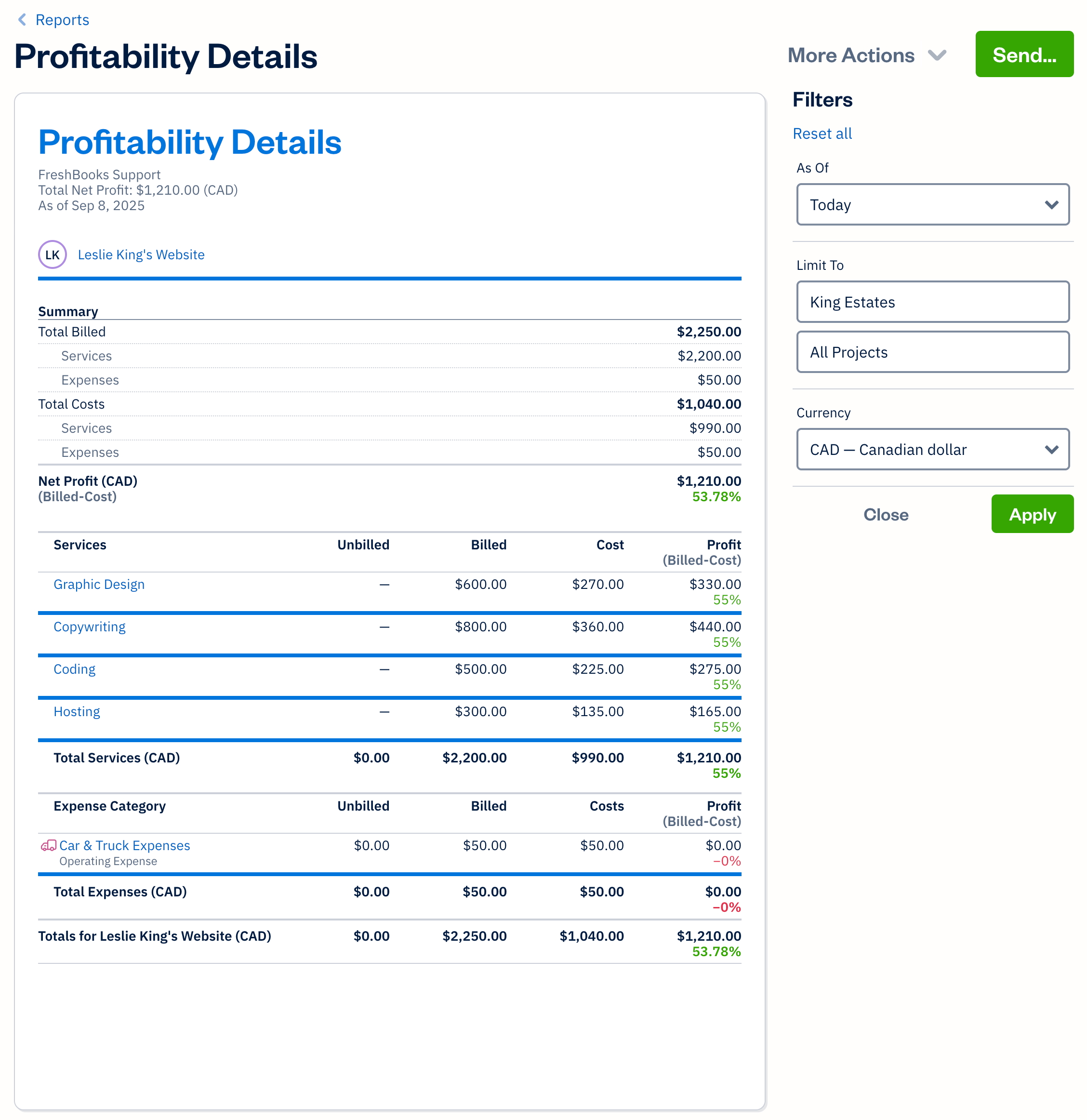 Profitability details report with filters selected.