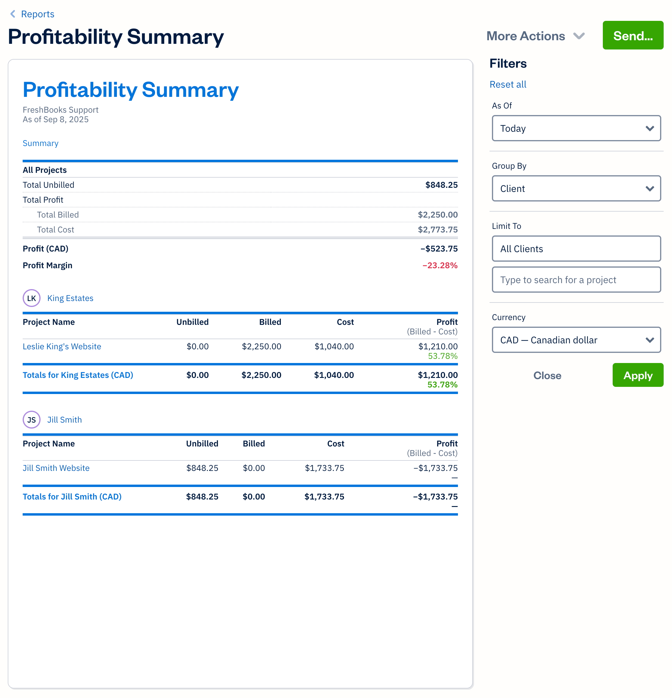Profitability summary report with filters.