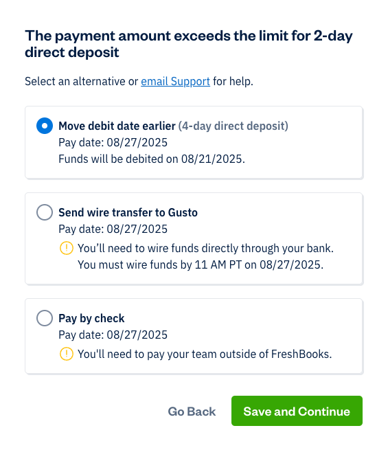Payment amount exceeded pop-up with three options to select instead