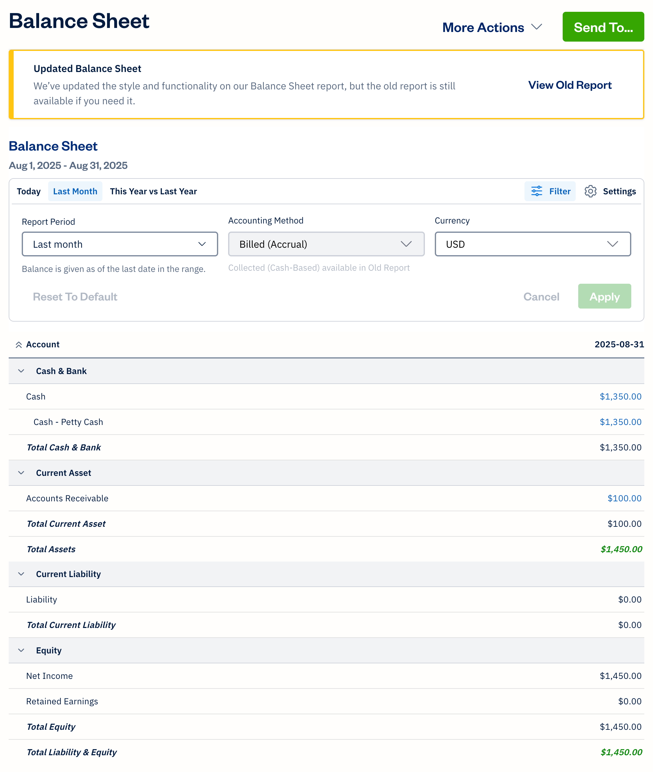 Balance sheet with filters available.
