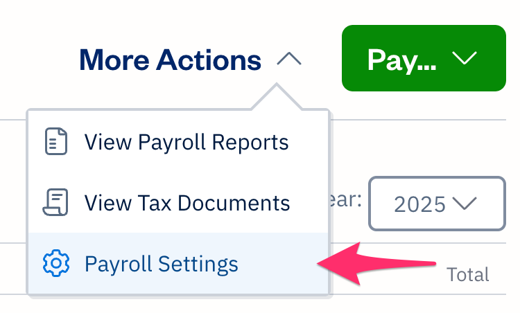 Payroll settings selected in Payroll section.