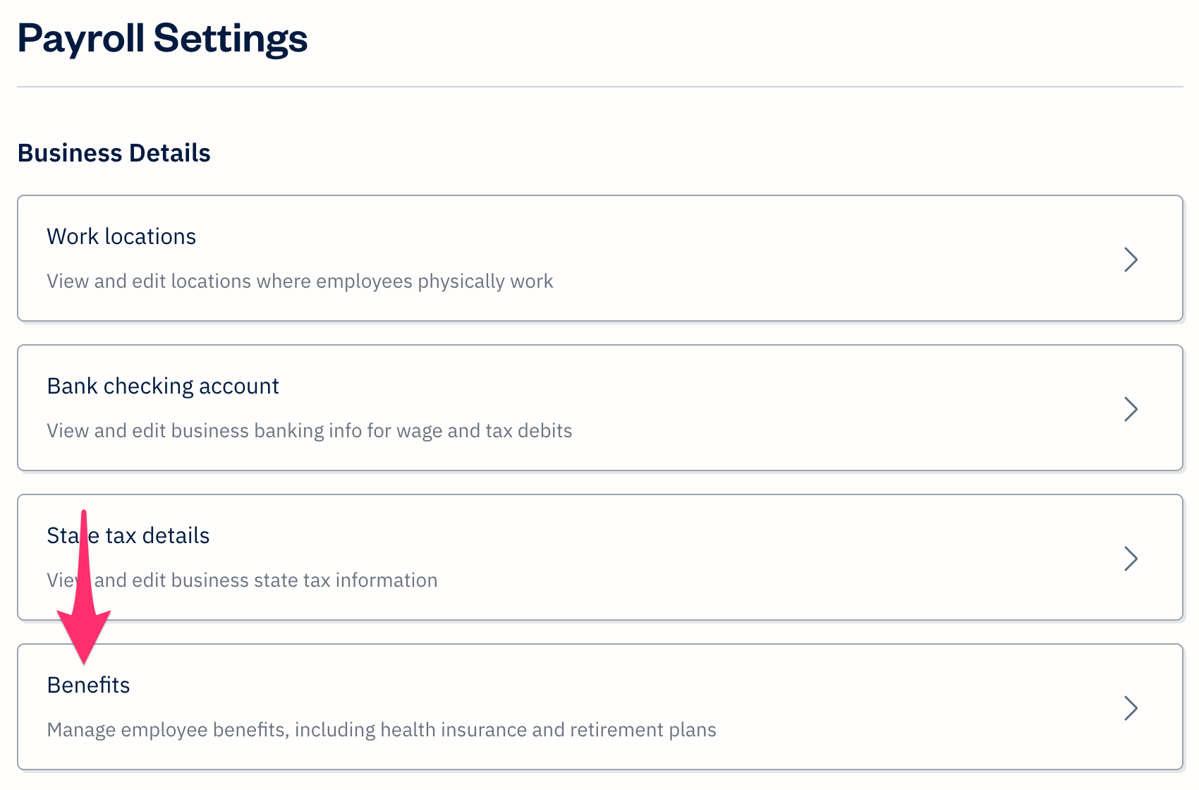 List of payroll settings with benefits selected.