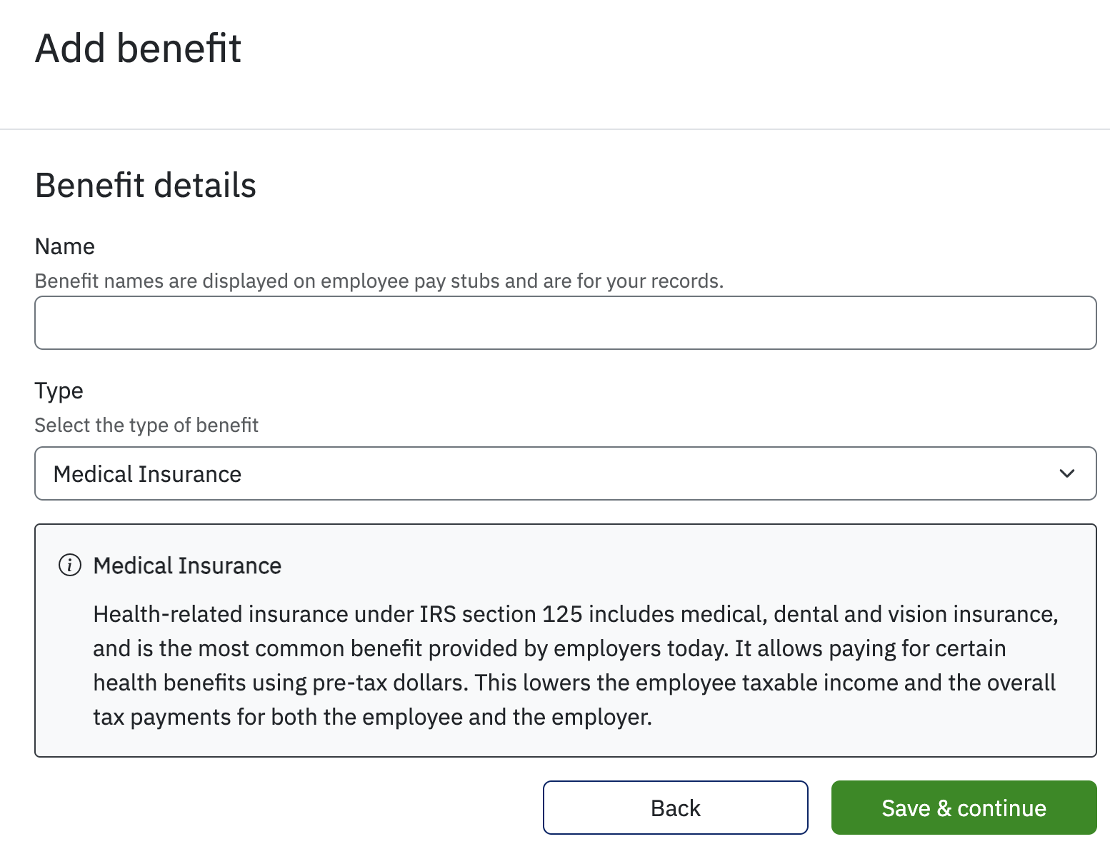 Field for benefit name and dropdown of benefit types.