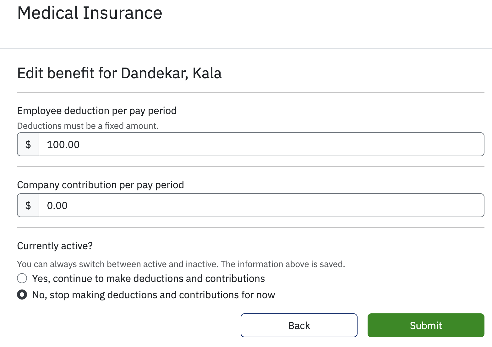 Edit benefit for employee page with fields available to customize amounts and two options for currently active? status with No selected.