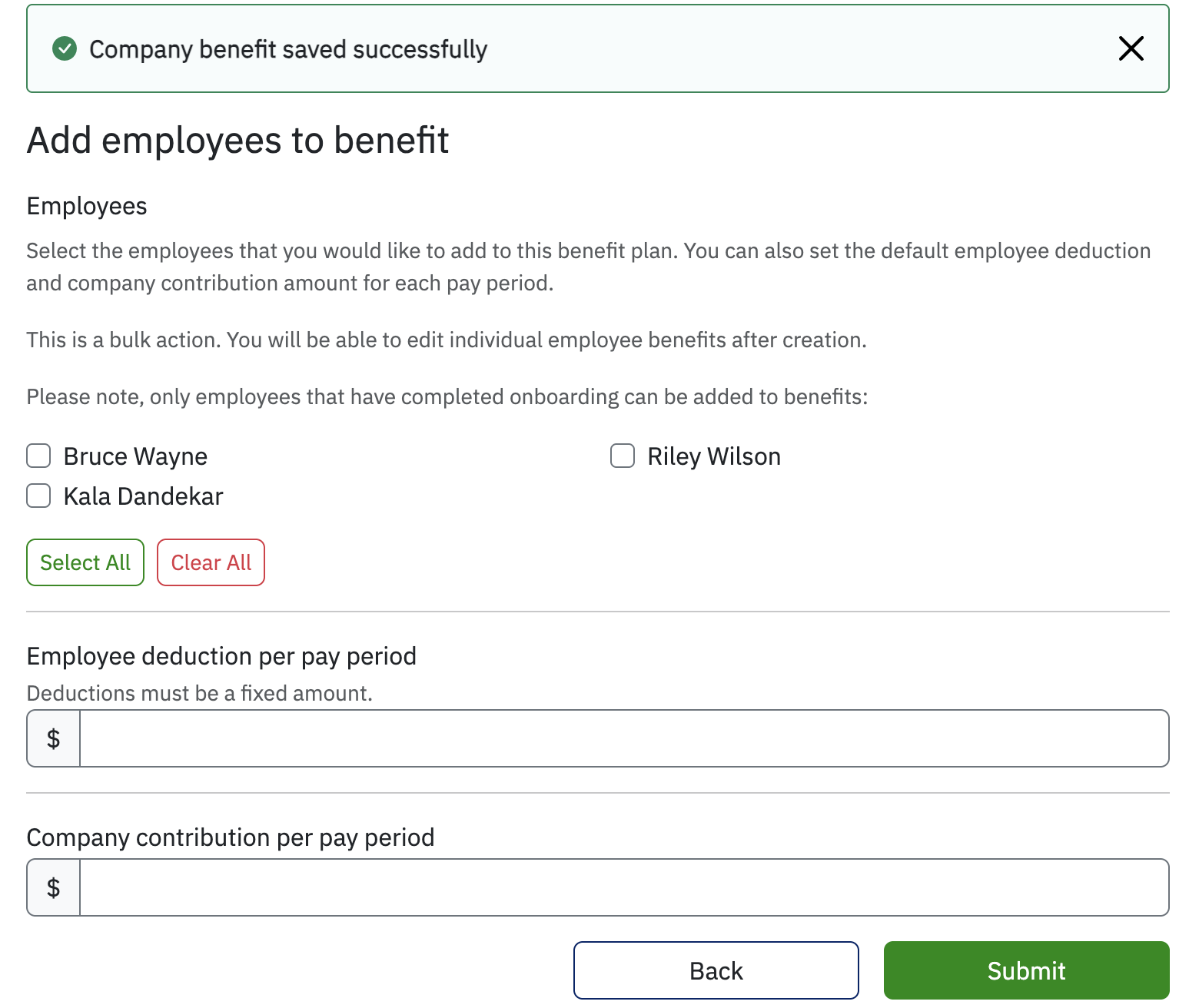 Add employees to benefit with 3 checkboxes available.