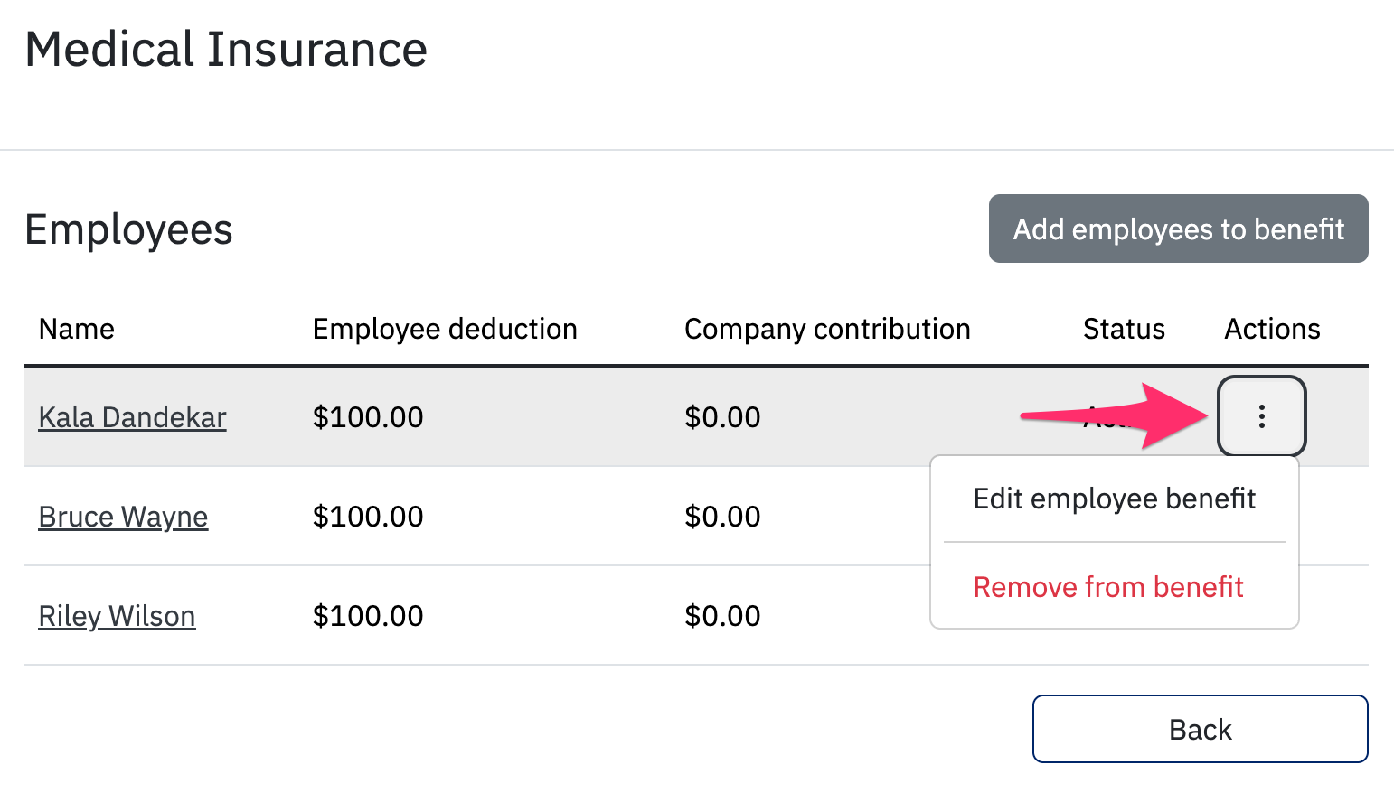 Dropdown of two options next to employee's name.