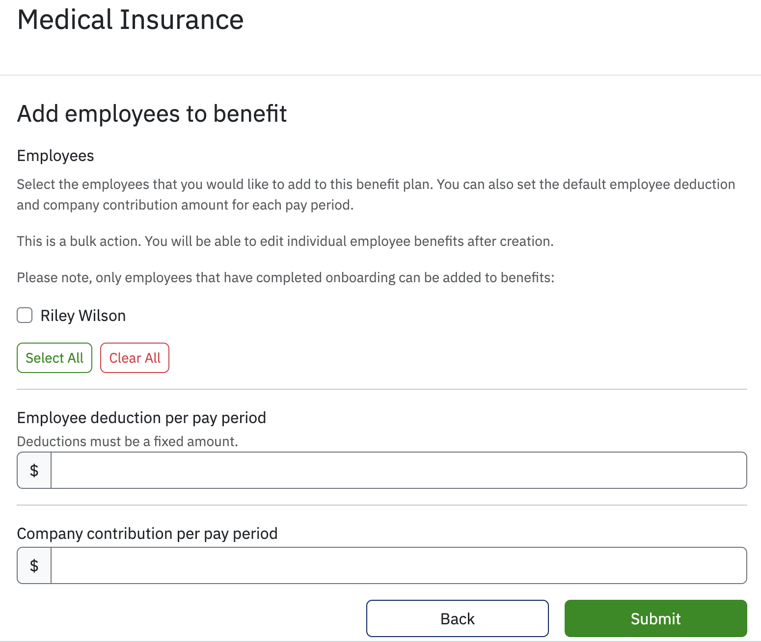 Checkbox next to employee for benefit to add employee to.