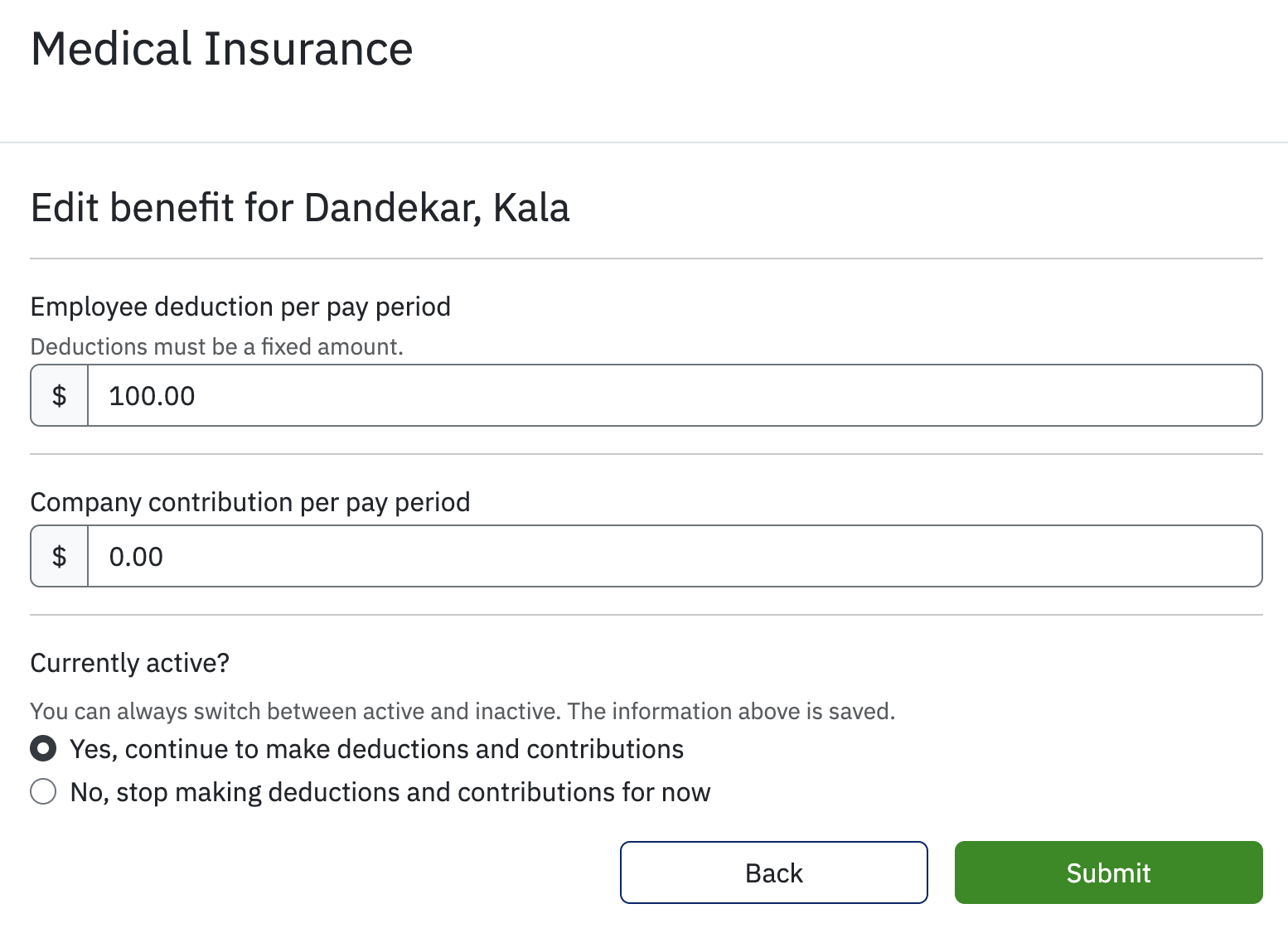 Edit Medical Insurance benefit screen with fields to specify amounts for specific employee.
