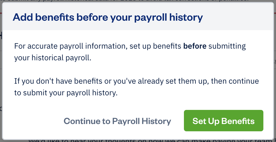 Add benefits before payroll history pop-up with two options to select.