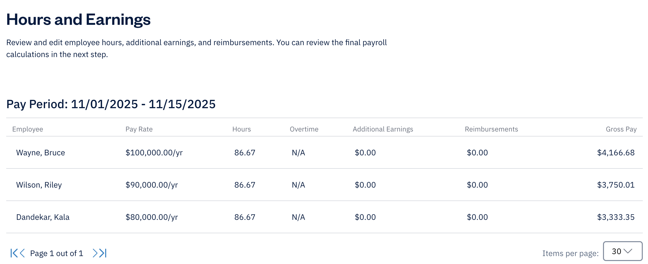 Hours and earnings section with list of employees and their earnings.