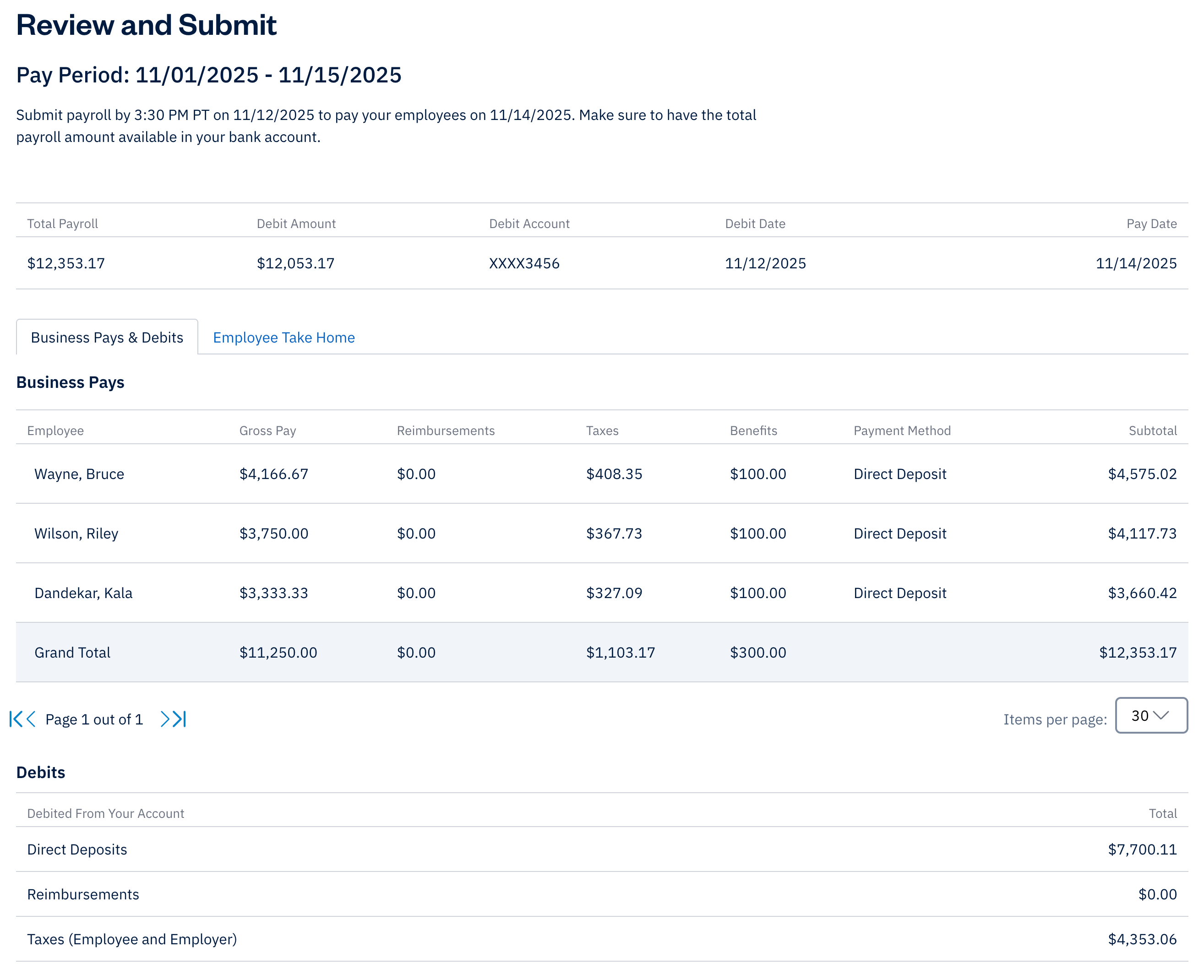 Review and submit section with details of payroll run displayed.