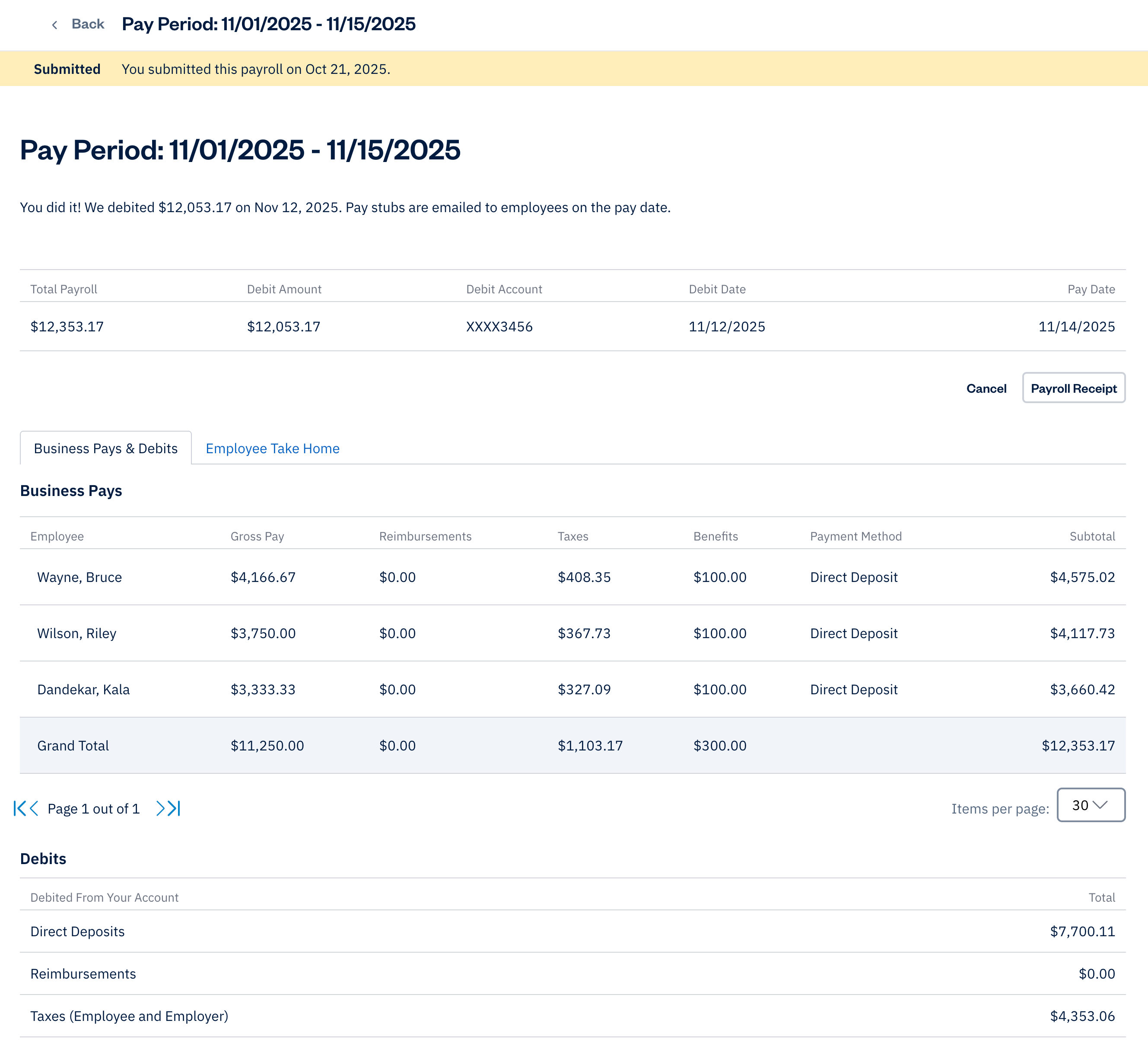 Pay period of the payroll with a summary of all payroll information displayed.