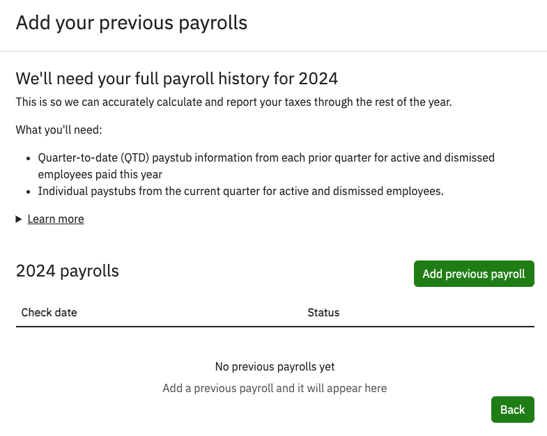 Payroll history with button to add previous payroll.
