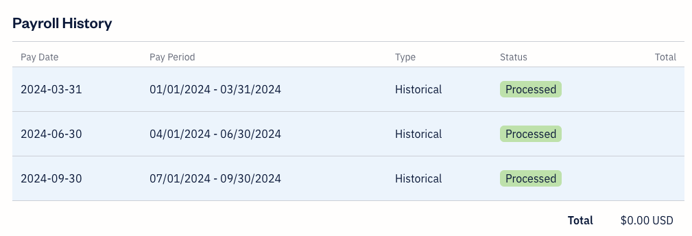 Three historical payroll runs listed in payroll history.
