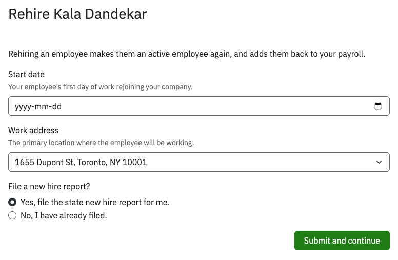Start date, work address, and new hire report options.