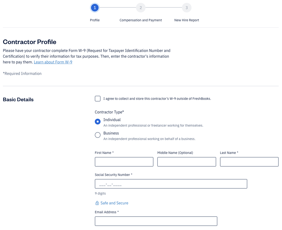 Contractor profile with fields to fill out.