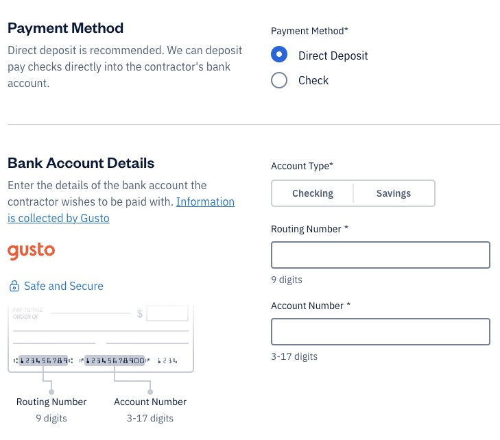 Payment method options and fields for bank account information.