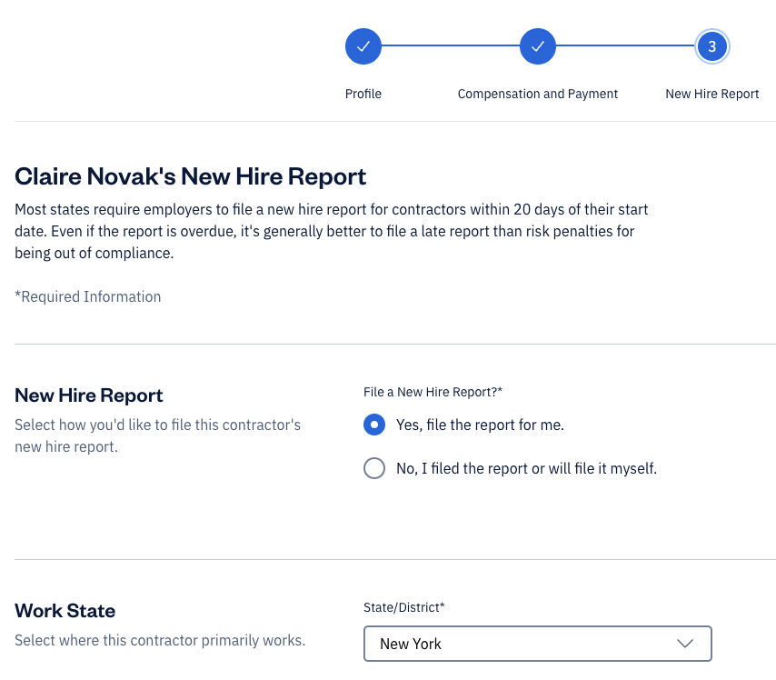New hire report with options to select.