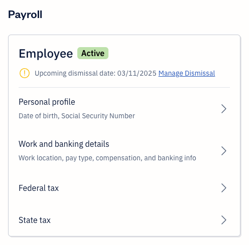 Team member with upcoming dismissal date in payroll settings.