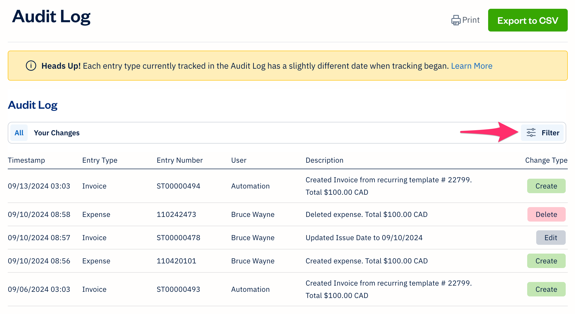 Audit log report with filter button highlighted.