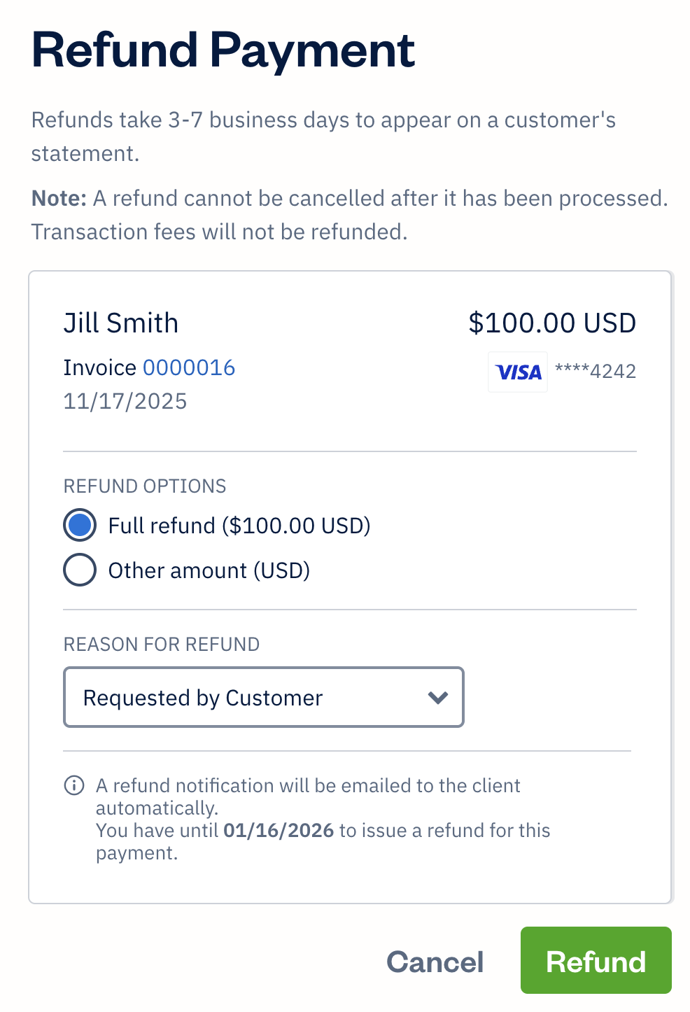 Refund page with options to choose on how much to refund.