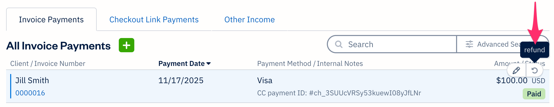 Refund button for an online payment.