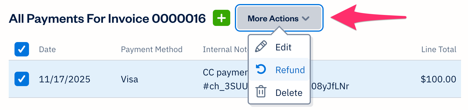 Refund option selected from More Actions dropdown.