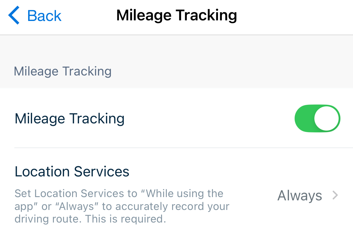 Mileage tracking settings with tracking toggled to on and location services set to always.