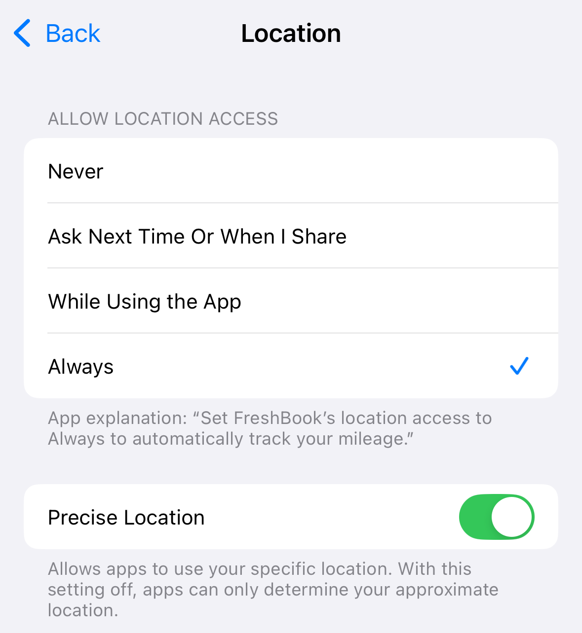 iOS settings with location set to always and precise location on.