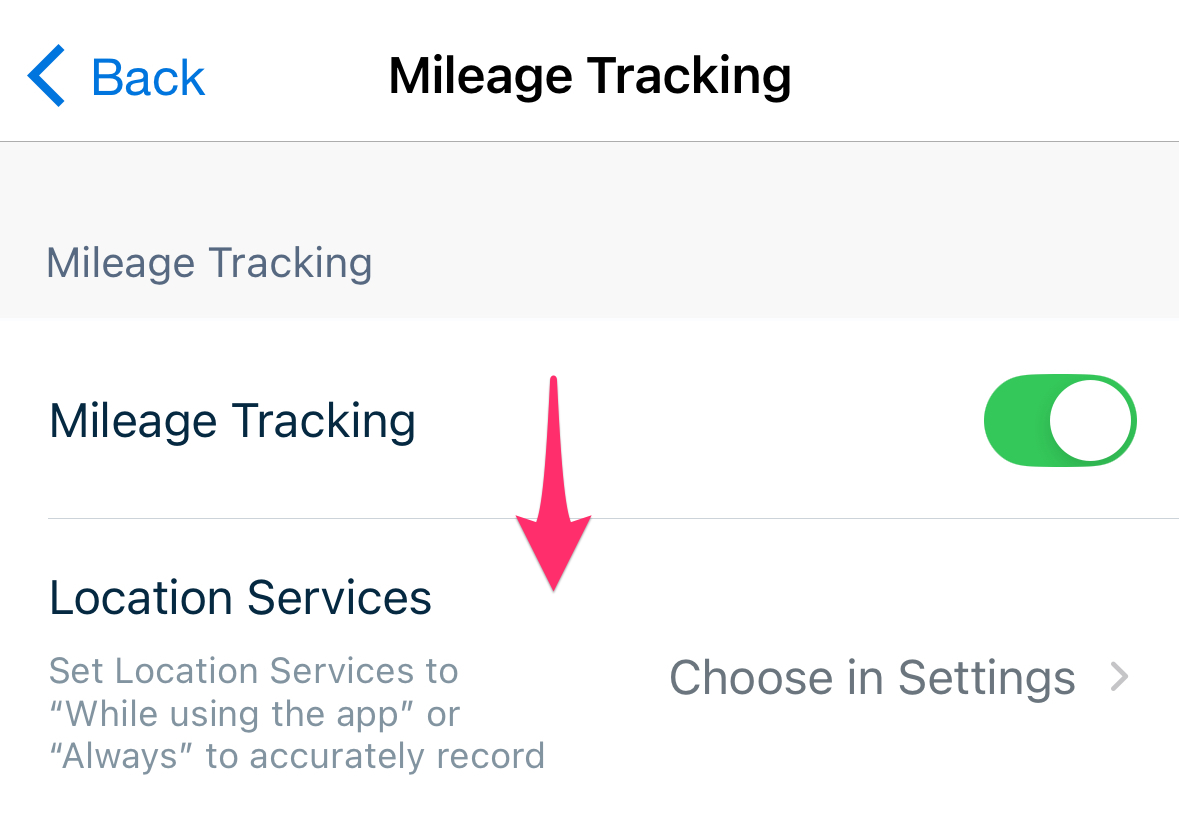Location services selected in mileage tracking settings