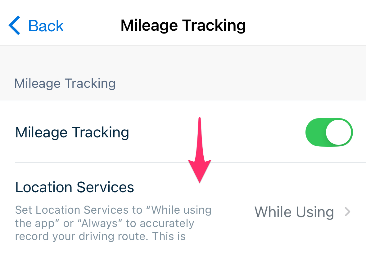 Location services set to while using for mileage tracking settings.