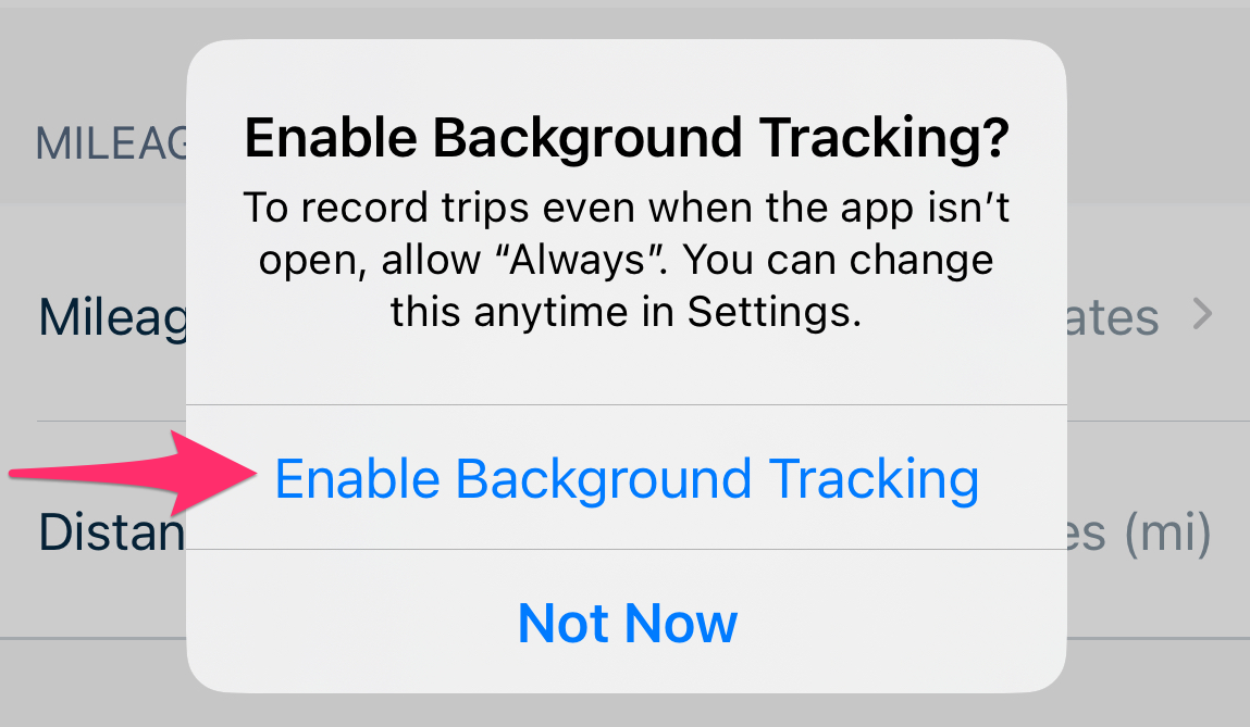 Enable background tracking pop-up with two options to select.