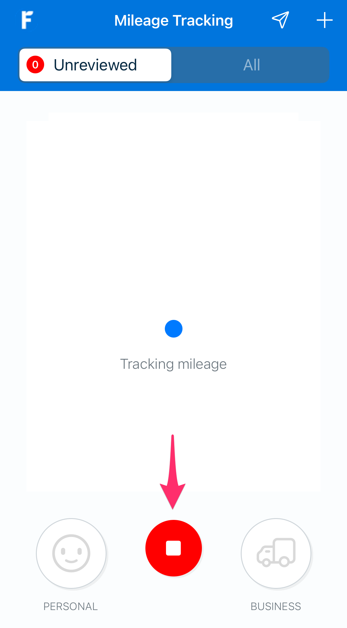 Stop button on tracking mileage page inside mileage tracking.