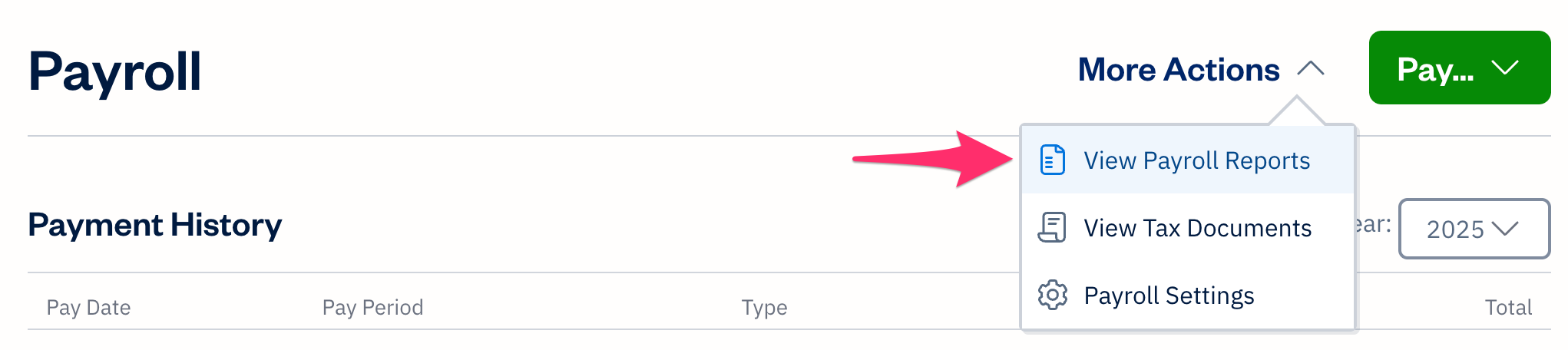 More actions with view payroll reports selected.