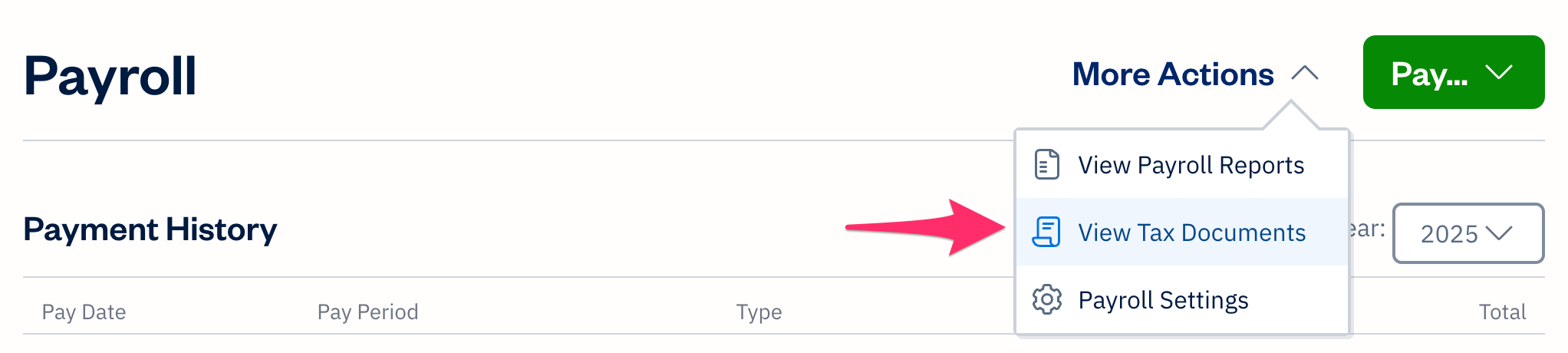 More actions with view tax documents selected.