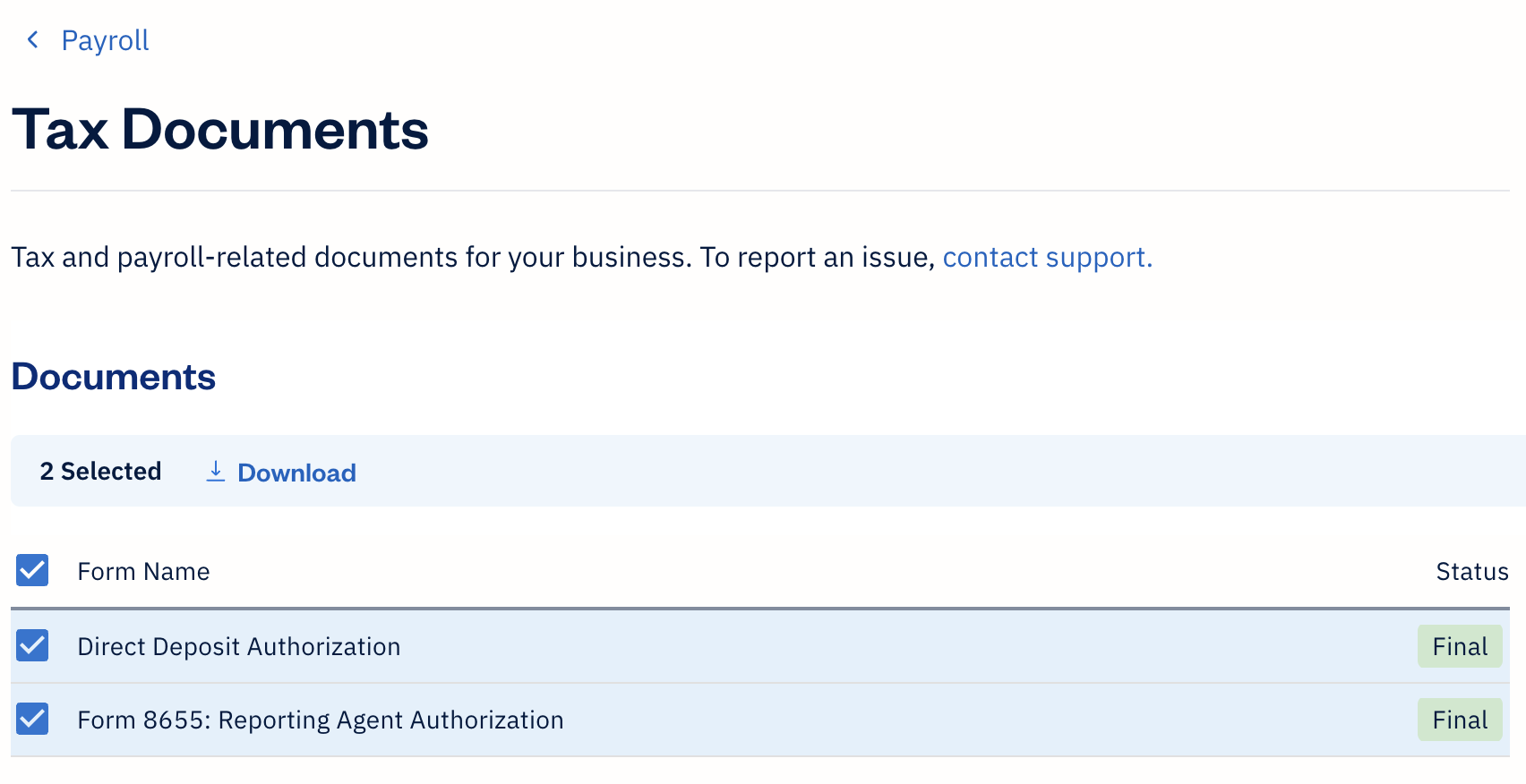 List of tax documents with download button available.