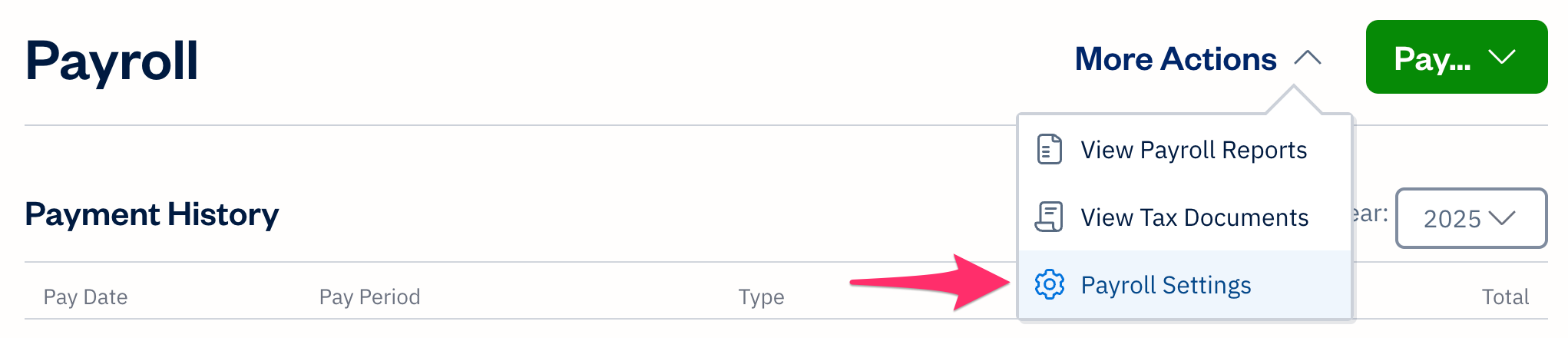 More actions with payroll settings selected.